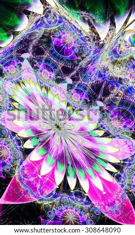 Large detailed crazy distorted flower background with a large central flower and a detailed intricate pattern in high resolution, all in bright vivid pink,purple,green