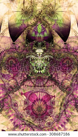 Large detailed crazy flower background with a smaller flower in the center and a large detailed intricate flower and star pattern above it, all in dark vivid sepia tinted pink,purple,green,yellow