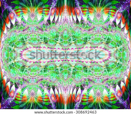Large detailed crazy flower background with a decorative ring and four interesting decorative flowers, all in bright vivid green,pink,yellow,purple