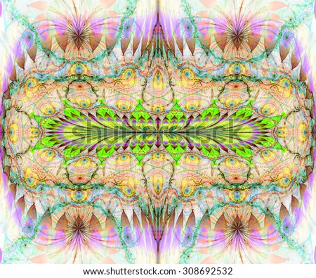 Large detailed crazy flower background with a decorative ring and four interesting decorative flowers, all in light pastel green,orange,pink,blue