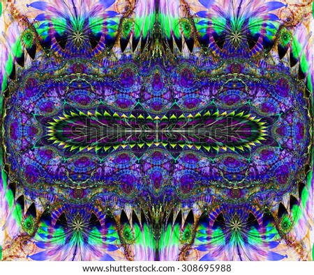Large detailed crazy flower background with a decorative ring and four interesting decorative flowers, all in dark vivid purple,green,blue,pink