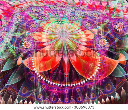 Large bent exotic looking flower background with a detailed decorative pattern surrounding the main flower, all in bright vivid red,yellow,pink,green