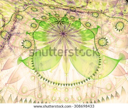Large bent exotic looking flower background with a detailed decorative pattern surrounding the main flower, all in light pastel sepia tinted pink,green,yellow