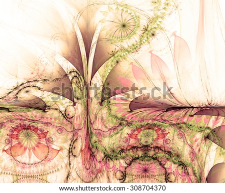 Large twisted tall exotic/alien looking flower background with a detailed decorative pattern underneath the main flower, all in light pastel sepia tinted pink,green,purple