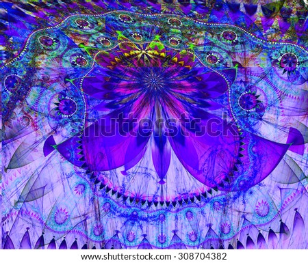 Large bent exotic looking flower background with a detailed decorative pattern surrounding the main flower, all in dark vivid pink,purple,blue