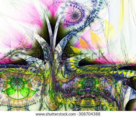 Large twisted tall exotic/alien looking flower background with a detailed decorative pattern underneath the main flower, all in dark vivid green,yellow,pink,blue
