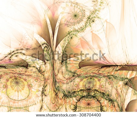 Large twisted tall exotic/alien looking flower background with a detailed decorative pattern underneath the main flower, all in light pastel sepia tinted green,brown,pink