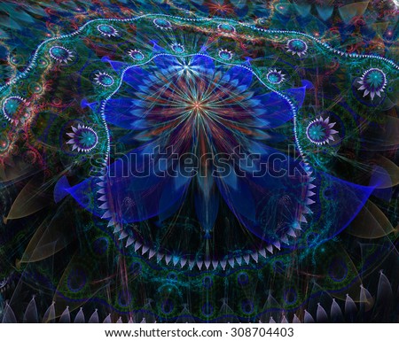Large bent exotic looking flower background with a detailed decorative pattern surrounding the main flower, all in glowing blue,pink,purple
