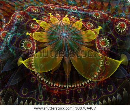 Large bent exotic looking flower background with a detailed decorative pattern surrounding the main flower, all in glowing yellow,red,blue