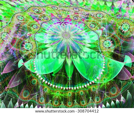 Large bent exotic looking flower background with a detailed decorative pattern surrounding the main flower, all in bright vivid green,blue,pink