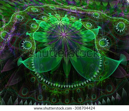 Large bent exotic looking flower background with a detailed decorative pattern surrounding the main flower, all in glowing green,pink,purple