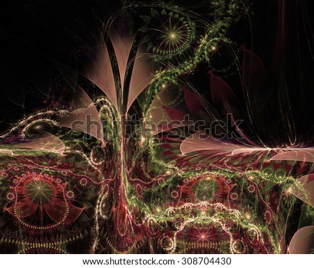 Large twisted tall exotic/alien looking flower background with a detailed decorative pattern underneath the main flower, all in glowing sepia tinted red,green,pink