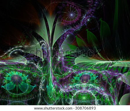 Large twisted tall exotic/alien looking flower background with a detailed decorative pattern underneath the main flower, all in glowing green,pink,red,cyan