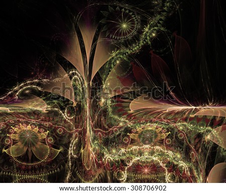 Large twisted tall exotic/alien looking flower background with a detailed decorative pattern underneath the main flower, all in glowing sepia tinted pink,yellow,green