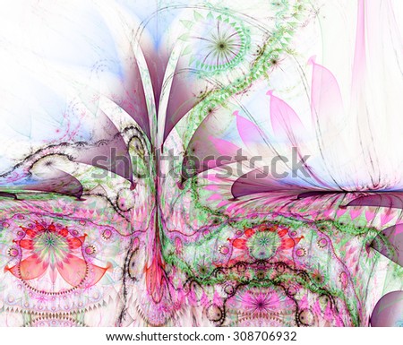 Large twisted tall exotic/alien looking flower background with a detailed decorative pattern underneath the main flower, all in light pastel pink,green,blue