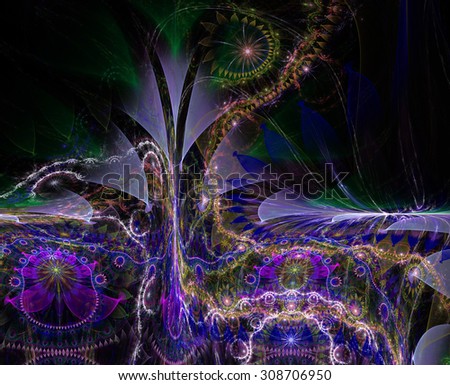 Large twisted tall exotic/alien looking flower background with a detailed decorative pattern underneath the main flower, all in glowing purple,green,orange