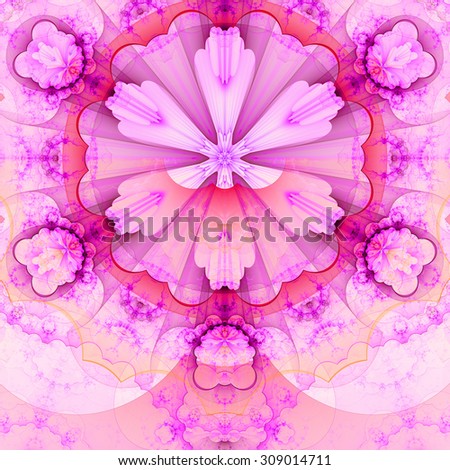 Abstract fractal star flower tower background with a detailed decorative pattern of petals connected by a wavy ring, all in light pastel pink