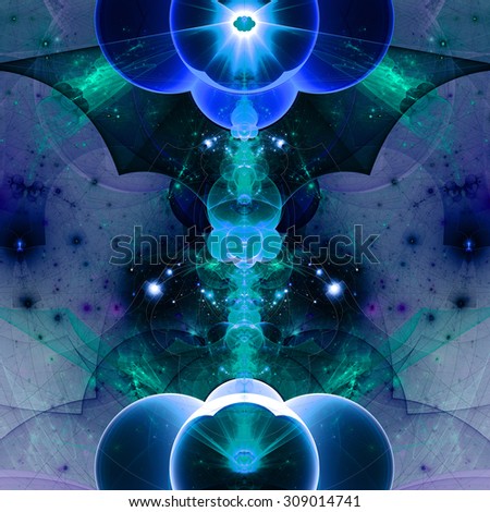 Abstract fractal star tower background with a detailed decorative star pattern and abstract wavy interconnected arches and beams, all in dark shining blue and green,purple