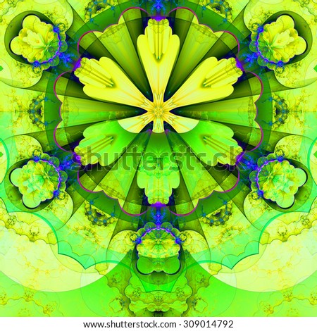 Abstract fractal star flower tower background with a detailed decorative pattern of petals connected by a wavy ring, all in dark vivid glowing green,yellow,blue