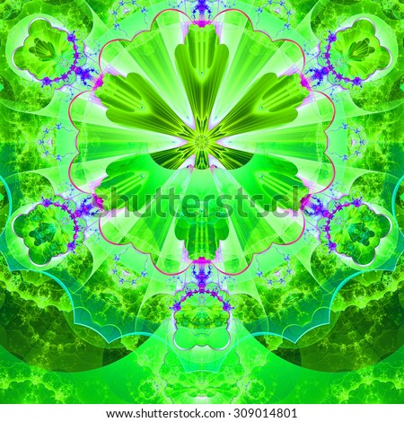 Abstract fractal star flower tower background with a detailed decorative pattern of petals connected by a wavy ring, all in bright vivid glowing green,pink,purple