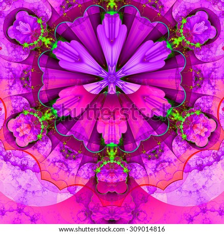 Abstract fractal star flower tower background with a detailed decorative pattern of petals connected by a wavy ring, all in dark vivid glowing pink,purple,green