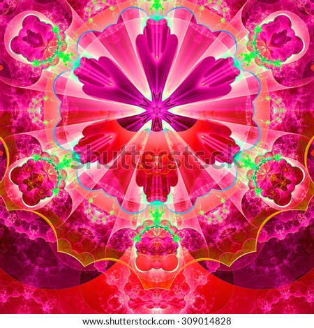 Abstract fractal star flower tower background with a detailed decorative pattern of petals connected by a wavy ring, all in bright vivid glowing pink,red,green
