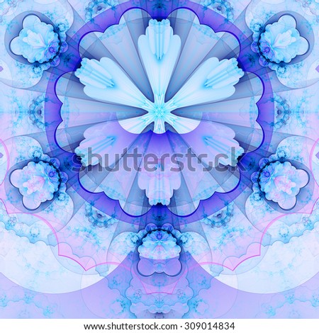 Abstract fractal star flower tower background with a detailed decorative pattern of petals connected by a wavy ring, all in light pastel blue and pink