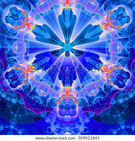Abstract fractal star flower tower background with a detailed decorative pattern of petals connected by a wavy ring, all in bright vivid glowing blue,pink,red