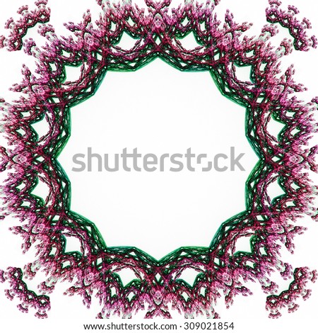 Detailed decorative ring with a detailed wavy organic pattern and a hollow center, all in high resolution and in pink-purple and green against white color