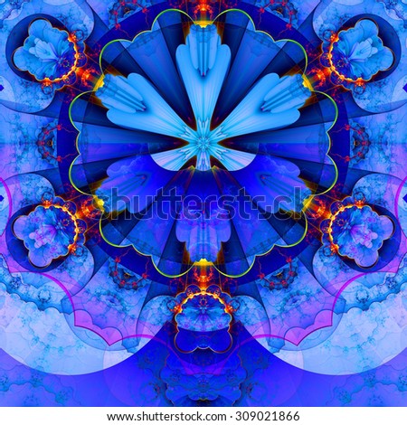 Abstract fractal star flower tower background with a detailed decorative pattern of petals connected by a wavy ring, all in dark vivid glowing blue,pink,red