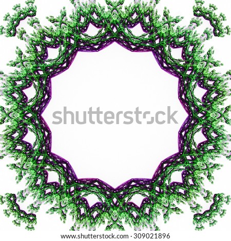 Detailed decorative ring with a detailed wavy organic pattern and a hollow center, all in high resolution and in green and purple against white color