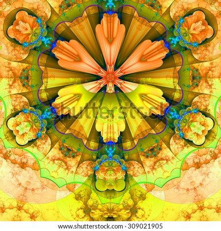 Abstract fractal star flower tower background with a detailed decorative pattern of petals connected by a wavy ring, all in dark vivid glowing yellow,orange,green,blue