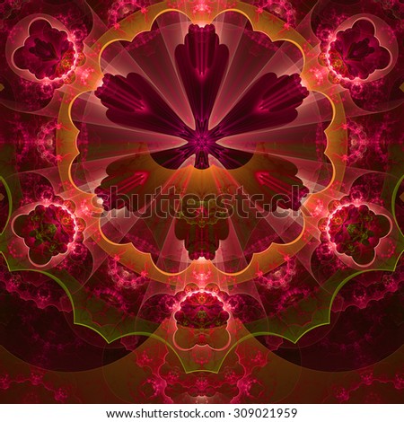 Abstract fractal star flower tower background with a detailed decorative pattern of petals connected by a wavy ring, all in glowing pink,yellow,green