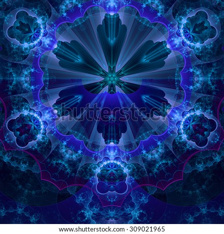 Abstract fractal star flower tower background with a detailed decorative pattern of petals connected by a wavy ring, all in glowing blue,pink,green
