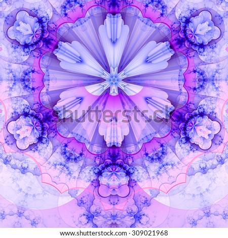 Abstract fractal star flower tower background with a detailed decorative pattern of petals connected by a wavy ring, all in light pastel pink,purple,blue
