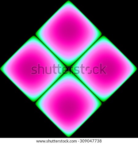 High resolution fractal square background made from four connected squares creating a big square, all in bright vivid pink and green against black background