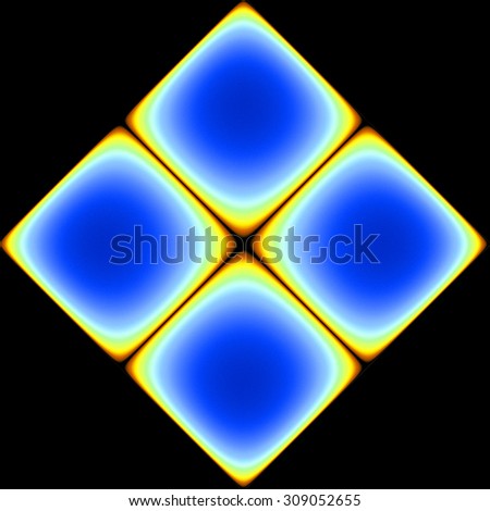 High resolution fractal square background made from four connected squares creating a big square, all in bright blue,yellow,orange against black background