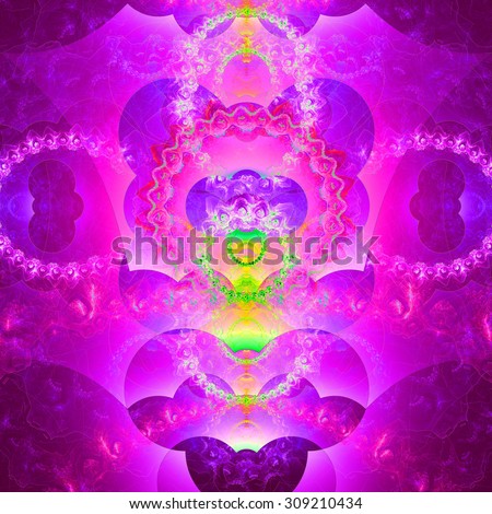 Abstract organic looking fractal tower background with a detailed decorative waves and rings, all in glowing bright pink,green,yellow