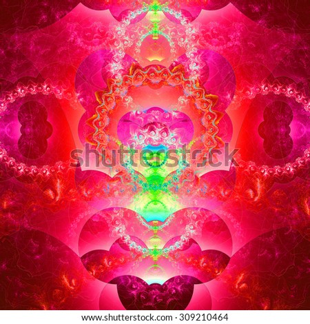 Abstract organic looking fractal tower background with a detailed decorative waves and rings, all in glowing bright pink,red,green,yellow