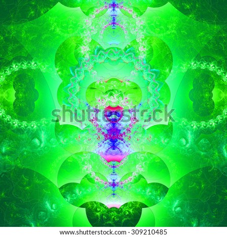 Abstract organic looking fractal tower background with a detailed decorative waves and rings, all in glowing bright green,cyan,pink,purple