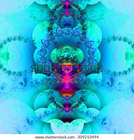 Abstract organic looking fractal tower background with a detailed decorative waves and rings, all in dark vivid cyan,blue,pink