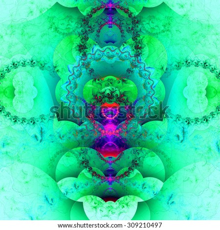 Abstract organic looking fractal tower background with a detailed decorative waves and rings, all in dark vivid green,cyan,pink