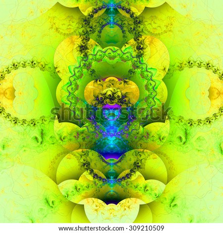 Abstract organic looking fractal tower background with a detailed decorative waves and rings, all in glowing bright yellow,green,blue