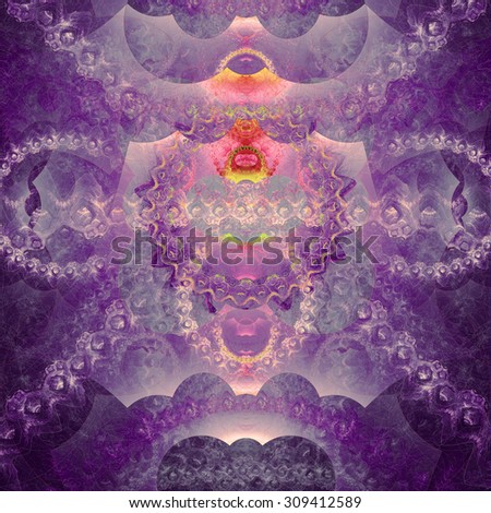 Abstract organic looking fractal tower background with a detailed decorative waves and rings, all in glowing vivid sepia tinted pink,purple,red