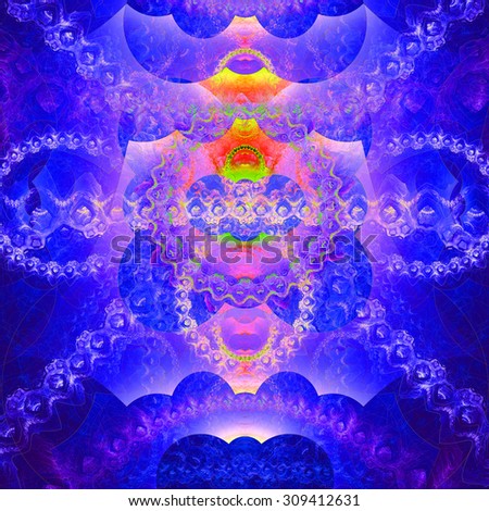 Abstract organic looking fractal tower background with a detailed decorative waves and rings, all in glowing vivid blue,pink,red,yellow