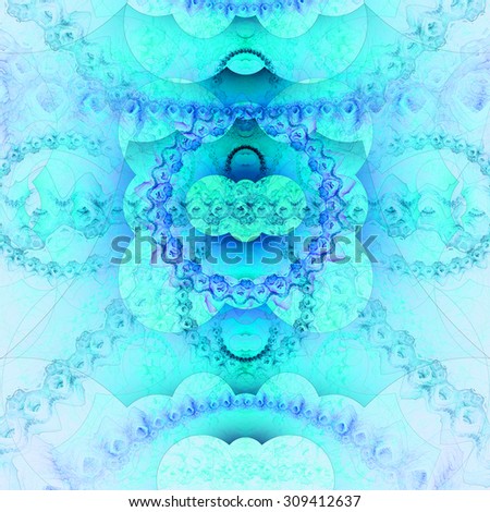 Abstract organic looking fractal tower background with a detailed decorative waves and rings, all in pastel teal and pink