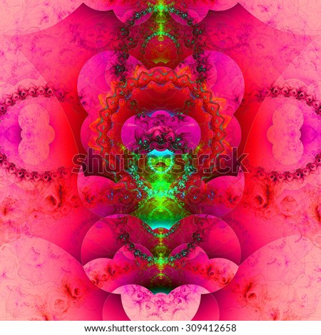 Abstract organic looking fractal tower background with a detailed decorative waves and rings, all in glowing vivid pink and green