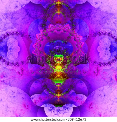 Abstract organic looking fractal tower background with a detailed decorative waves and rings, all in glowing vivid pink,purple,yellow