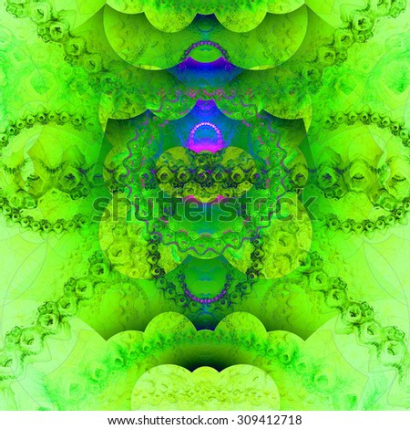 Abstract organic looking fractal tower background with a detailed decorative waves and rings, all in glowing vivid green,blue,yellow,pink