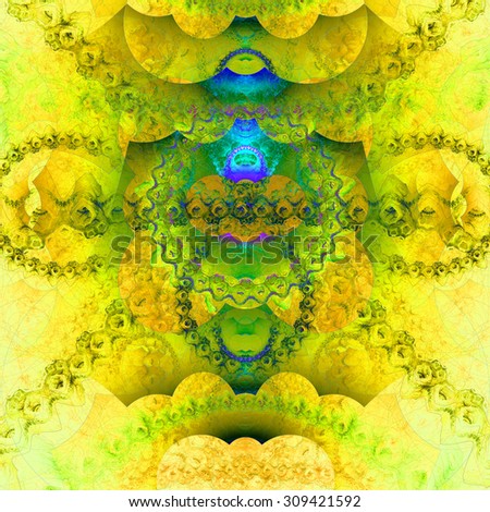 Abstract organic looking fractal tower background with a detailed decorative waves and rings, all in bright vivid yellow,green,blue
